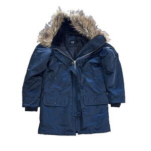GAP Faux Fur Hooded Snorkel Parka Jacket Navy Blue Heavy Winter Coat Women XS